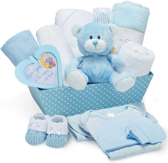 babies presentkorg blå till dop, babyshower, babygåvor och babypresent