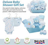 presentkorg med babieskläder blå till dop, babyshower, babygåvor och babypresent